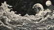 Flammarion engraving, extreme details, moon and sea wave, black and white theme