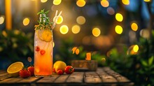 Drink Station With Small Bottles And Homemade Lemonade On Wooden Terrace With Abstract Night Light Bokeh Of Night Festival In Garden, Copy Space For Display Of Product Or Object Presentation