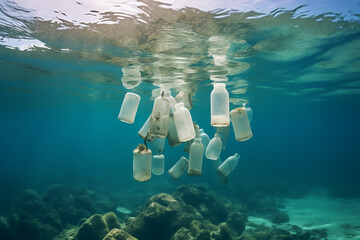 Underwater view of Plastic bottles, Water pollution, Environment concept, Generative ai.