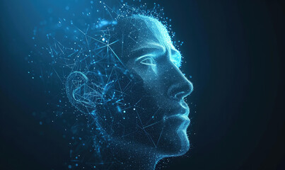 Human head created in low poly style. Man face polygon light. Emotional Intelligence allegory AI. Facial Recognition System concept. biometric scanning, 3D scanning
