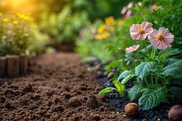 Poster - In a beautiful garden flowers grow, fostering a healthy, eco-friendly cultivating.