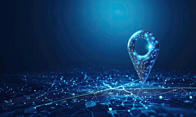Gps, location sign in futuristic abstract style on blue background. Gps navigator pin. Map pointer sign. Route navigator. Polygon vector wireframe concept. Low poly