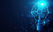 © Q STOCK - Abstract blue glowing light bulb with gears inside. Machine learning and AI concept Low poly style design. Abstract geometric background. Wireframe light connection structure