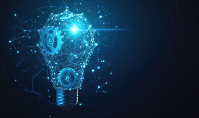 Abstract blue glowing light bulb with gears inside. Machine learning and AI concept Low poly style design. Abstract geometric background. Wireframe light connection structure