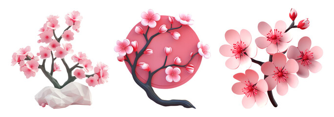 Wall Mural - Cherry blossoms 3D illustrations. Sakura branches with flowers. 3d decorative arts. Low-poly style