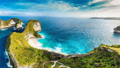 Wall Mural - panorama of a coast as a background from top view turquoise water background from top view summer seascape from air nusa penida island indonesia travel image