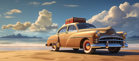 A vintage car with a suitcase on top in a photo with a clear sky