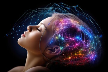 Poster - Brain sleep relaxation, mindful meditation brain waves. Affirmations and positive mindset promote brain health. Listening to brainwave patterns with headphones for better sleep and mental well being.