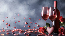 Two Glasses Of Champagne And Red Rose On Wall Background