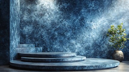 Poster - Black and blue abstract cement step wall or podium and studio room , interior texture for display products. wall background. : Generative AI