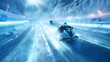 A blue bobsled race down a twisting ice track.