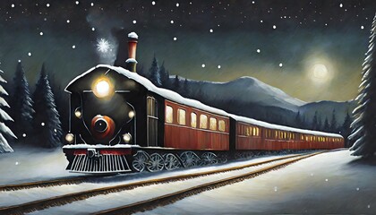 Poster - an evening train passes through a winter landscape 