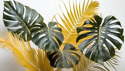 Wall Mural - monstera deliciosa and yellow palm tropical leaves on white background