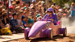 A purple soapbox derby car racing down a hill.