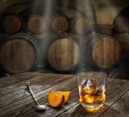 Sticker - Glass of whiskey on top of  wooden barrel and  wood barrels in cellar at the background. Sun ray falling down on it surface.