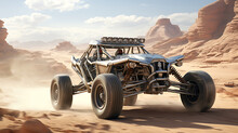 A Silver Dune Buggy In A Desert Rally.