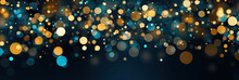 Christmas Bokeh On Black Background, Abstract Background With Dark Blue And Gold Particle. Christmas Golden Light Shine Particles Bokeh On Navy Blue Background. Gold Foil Texture. Holiday Concept. 