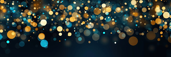 christmas bokeh on black background, abstract background with dark blue and gold particle. christmas