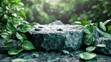Stone Green Podium Or Rock Dais Stage And Nature Green Leaves. Elegant Green Podium Mock-up Stand Product Scene Green Nature Background. 3d Podium Stage Illustration Render Tropical St : Generative AI