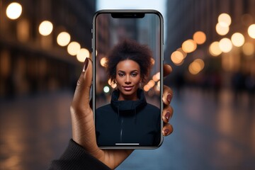 Wall Mural - Smartphone in the hand of an African-American girl, white screen template