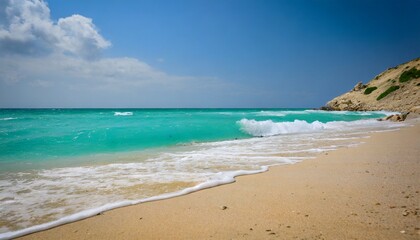 Wall Mural - closeup of sandy beach with turquoise sea and sky background high quality photo