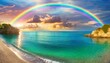beautiful landscape with turquoise sea with double sided rainbow at sunset