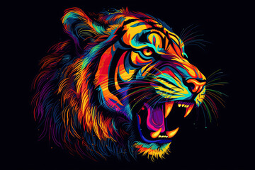 Wall Mural - Tiger. Abstract, multicolored, neon portrait of a tiger in the style of pop art on a black background. Generative AI illustration