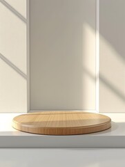 Poster - Wooden circular podium in white clean room. Front view - minimalism background for cosmetics, food or jewelry