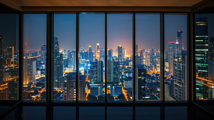 an empty room in a skyscraper and a view of the night city. beautiful expensive property with a view