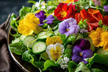 Fresh salad of spring vegetables decorated with edible flowers