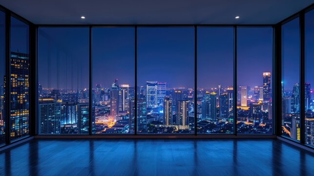 an empty room in a skyscraper and a view of the night city. beautiful expensive property with a view