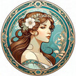 Vector illustration, art nouveau style with floral pattern in retro vintage style with decorative ornaments, illustration with a beautiful girl (different nationalities) in art nouveau style, 