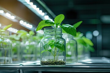 Aufkleber - Plant research, green plant in a glass jar in a laboratory. Ecological breeding and plant development.