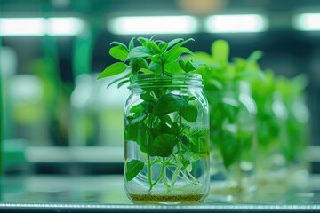 Aufkleber - Plant research, green plant in a glass jar in a laboratory. Ecological breeding and plant development.