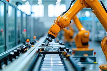 Fototapete - Robotic arm for electronic assembly line. Smart modern factory automation using advanced machines.