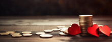 Hearts And Coins On A Wooden Background. The Concept Of Funds For Treatment