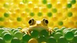 A vibrant yellow frog peering out from a sea of green and yellow spheres, creating a playful and colorful visual.