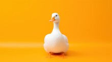 A Single White Duck Positioned Against A Vibrant Orange Background, Creating A Minimalist Yet Striking Visual Contrast.