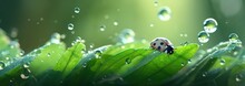 A Ladybug On A Green Leaf With A Water Splash Effect On Its Surface And In A Photo With A Blurred Background