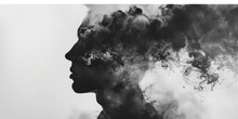 Double Exposure Abstract Background Of Woman Face And Smokes. Mental Health, Depression, Stress, Overwork, Anxiety Issues Concept