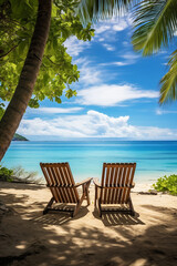 Wall Mural - wooden deck chair on the background of the ocean beach.