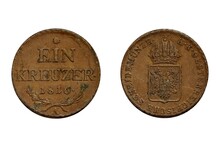 1 Kreuzer 1816 Franz I. Coin Of Austrian Empire. Obverse Crowned Shield. Reverse Star, Value In German, Date, Wreath
