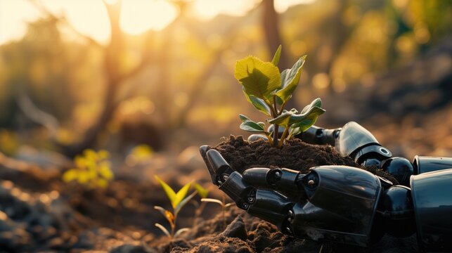 Environmental technology concept, Robot hand holding small plants, Artificial Intelligence and Technology ecology, Green technology and Environmental technology, AI, generative ai