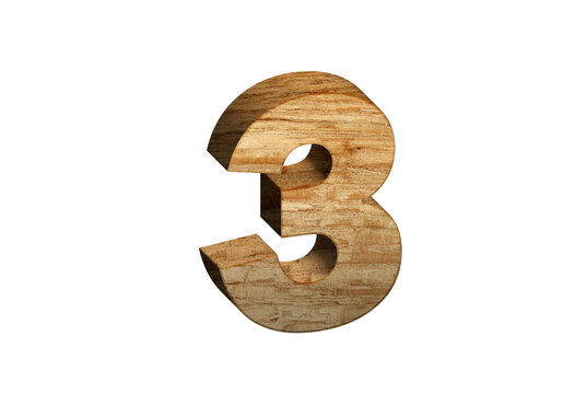 3d Wood Numbers, Alphabet Number Three made of wood material, high-resolution image of 3d font, ready to use for graphic design purposes