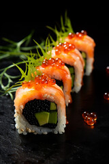 Wall Mural - sushi with red caviar and salmon on a dark background