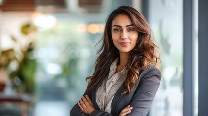 Sticker - Business portrait. Amazing successful positive indian or arabian business woman, secretary, ceo manager dressed in a stylish suit standing in a modern creative office, looking and smiling at camera