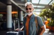 © dark_blade - Happy tourist senior man smiling cheerfully while standing outdoors with luggage. ai generated