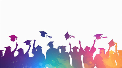 Wall Mural - copy space, vector illustration, Happy graduates in graduation caps. Cheerful people, colored silhouette. high school graduation. Colorful silhouette of graduates in caps. Beautiful colored background