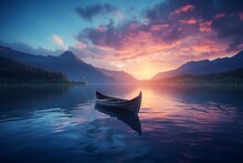 A Canoe On A Blue Lake With A Blue Sunset In The Background