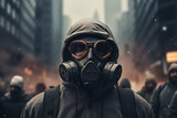 Fototapeta  - people wearing gas mask with pollution